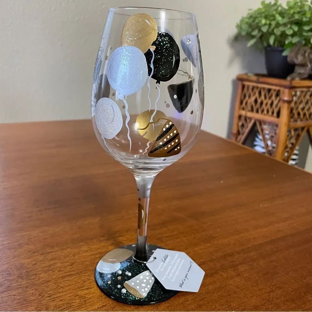 NIB Lolita “Celebration” Hand Painted Wine Glass Silver Black Gold